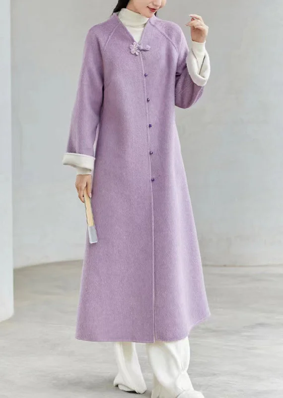 Women's Coats with ZipperNew Chinese Style Purple V Neck Button Patchwork Loose Woolen Coats Winter