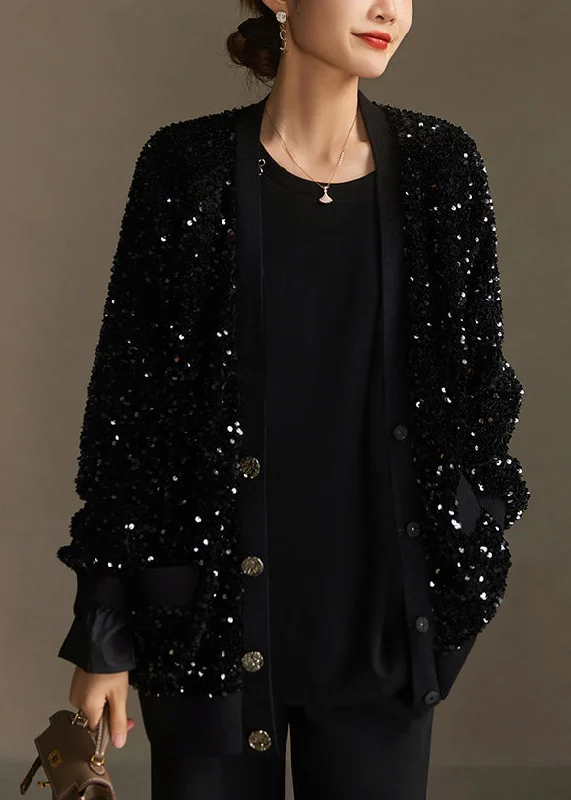 Women's Coats with Fur Trimmed SleevesModern Boutique Black V Neck Pockets Sequins Short Coat Spring