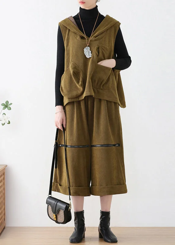 Women's Wool CoatsMustard Green Velour Hooded Waistcoat And Crop Pants Two Pieces Set Fall