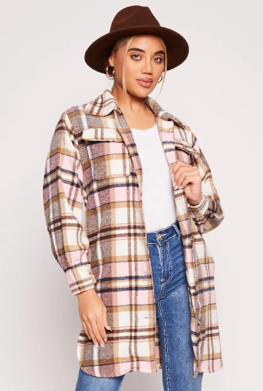 Women's Duffle CoatsSpoon Jeans Plaid Brushed Knit Long Shacket