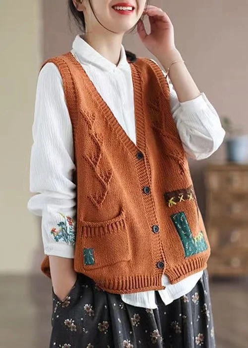 Women's Denim CoatsNew Orange V Neck Button Pockets Cotton Knit Waistcoat Sleeveless