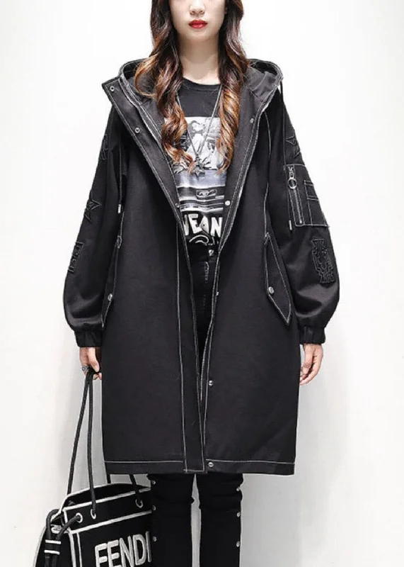 Women's Coats with CollarModern Black Hooded Drawstring Fine Cotton Filled Trench Coats Winter