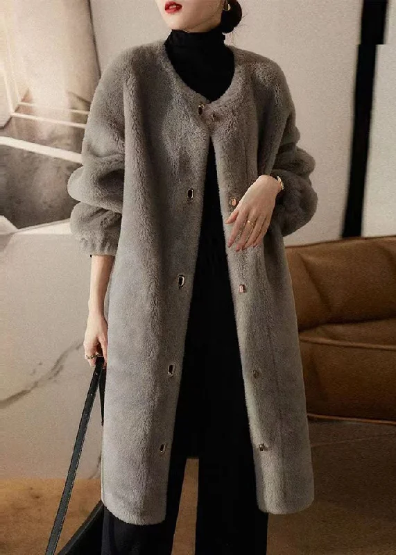 Women's Coats with Fur Trimmed PocketsLoose Grey O Neck Pockets Patchwork Wool Coats Winter