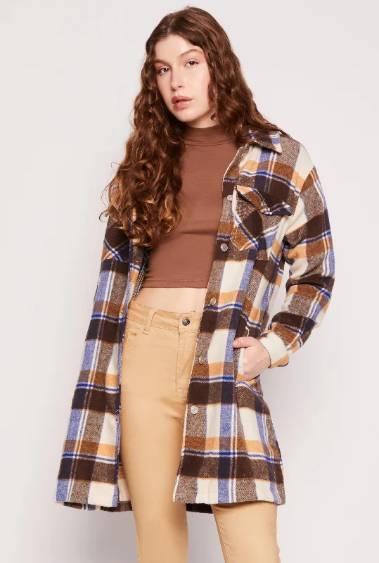 Women's Coats with BeltSpoon Jeans Brushed Knit Plaid Long Shacket