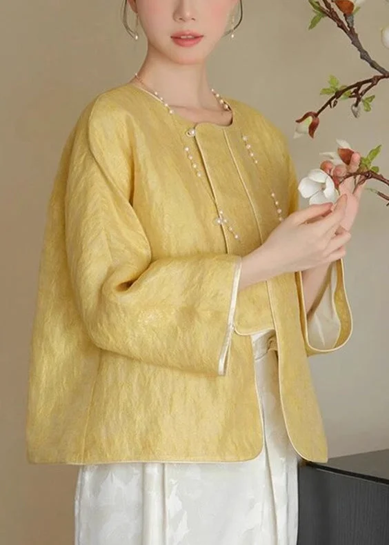 Women's Coats with Fur Trimmed ZipperLoose Yellow O-Neck Solid Button Silk Coats Spring