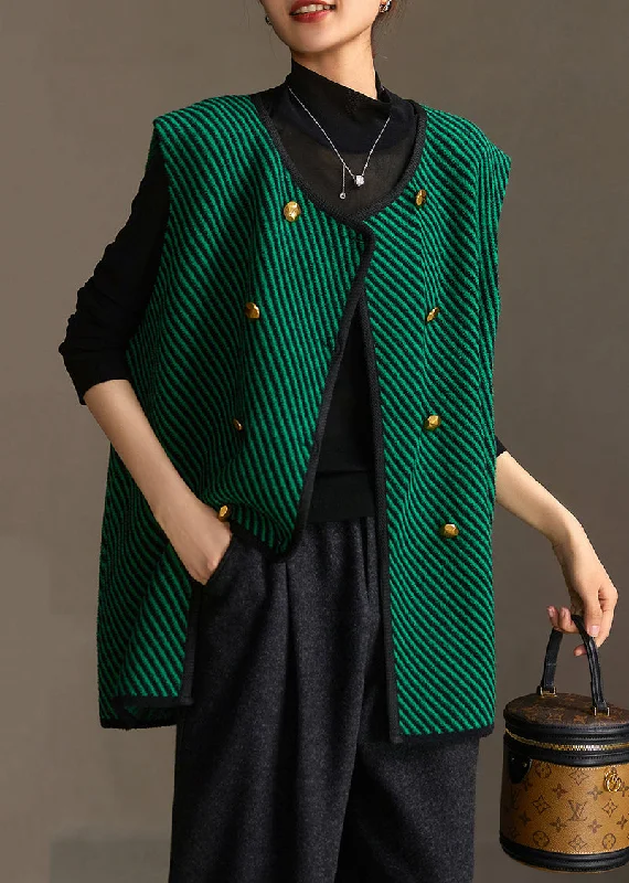 Women's Duffle CoatsLoose Green Striped O Neck Button Knit Waistcoat Sleeveless