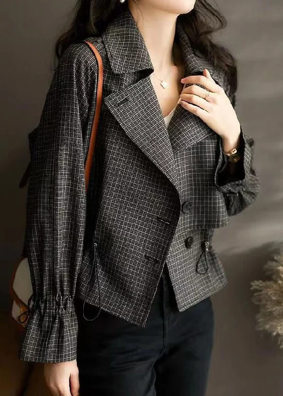 Women's Quilted CoatsModern Black Peter Pan Collar Plaid Drawstring Patchwork Cotton Jacket Fall