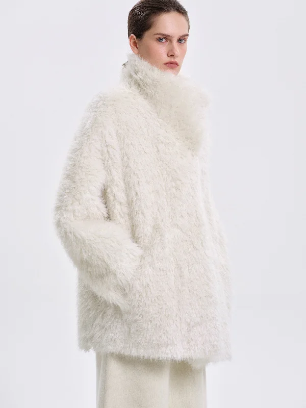 breathable golf hatsFunnel-Neck Faux Fur Coat, White