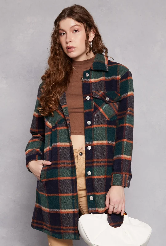 Women's Coats with ZipperSpoon Jeans Brushed Knit Plaid Long Shacket