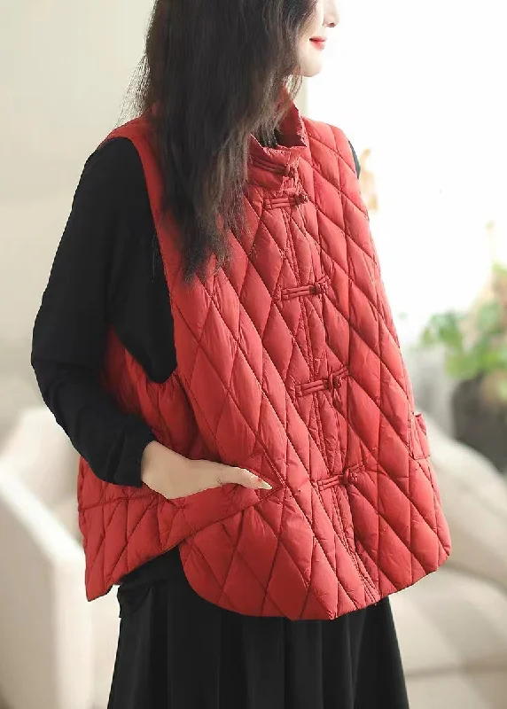 Women's Coats with Fur Trimmed PocketsLoose Red Side Open Button Cotton Filled Waistcoat Sleeveless