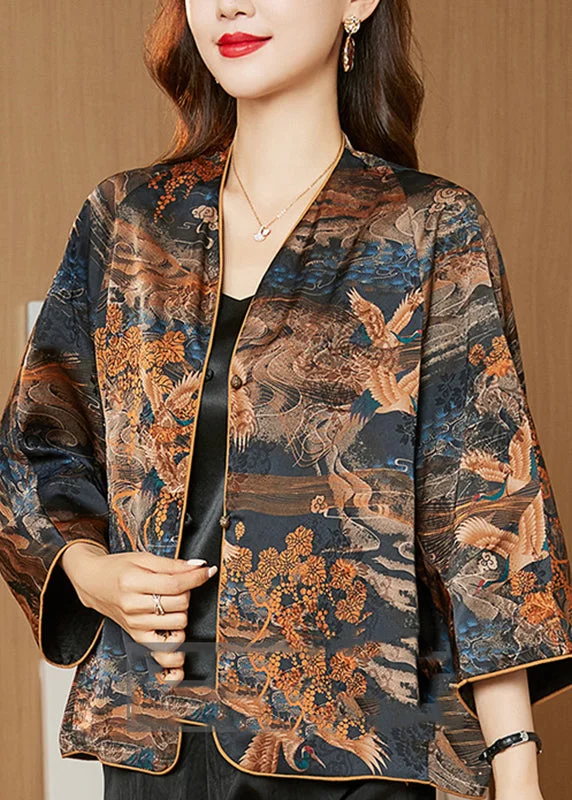 Women's Duffle CoatsNovelty V Neck Print Button Silk Coats Spring