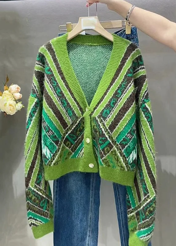 Women's Coats with HoodLoose Green V Neck Button Patchwork Knit Coats Fall