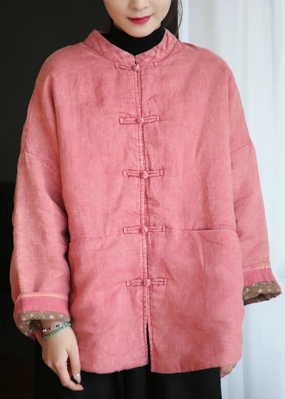 Women's Coats with Fur TrimLoose Pink Button Pockets Cotton Filled Coats Long Sleeve