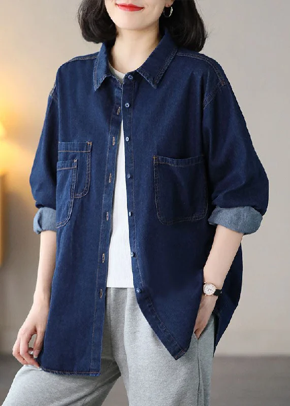 Women's Button-Up CoatsNavy Cotton Denim Coats Oversized Turn-down Collar Spring