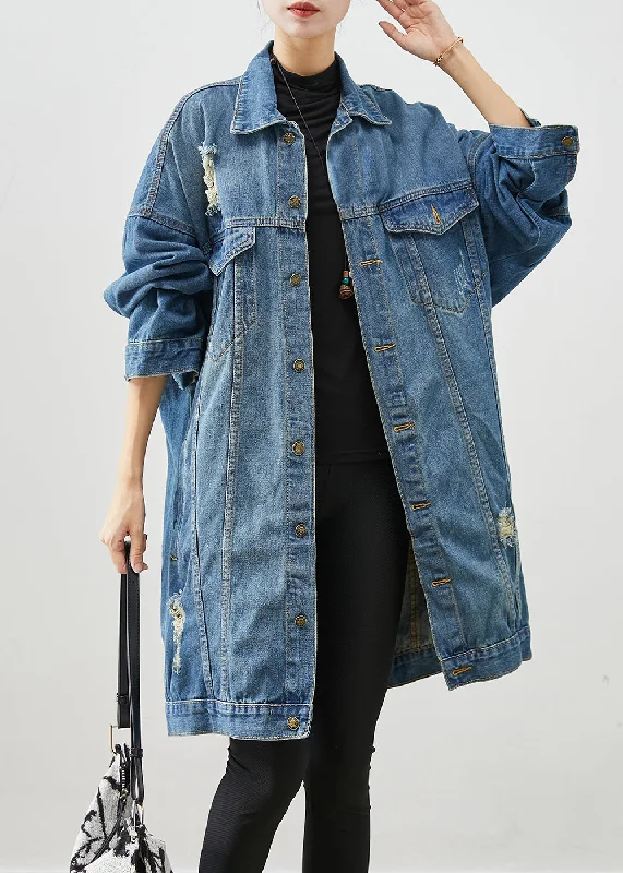 Women's Coats with SleevesLoose Denim Blue Oversized Pockets Cotton Ripped Coats Fall