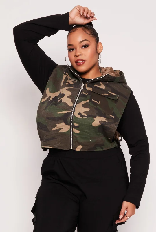 Women's Coats with CollarPlus Size Camo Zip Front Cropped Vest