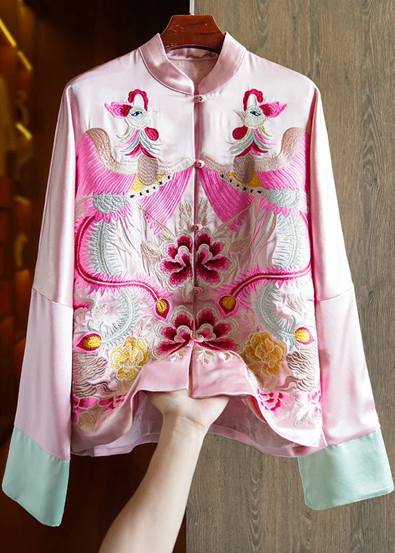 Women's Coats with Fur Trimmed BeltLoose Pink Stand Collar Embroideried Patchwork Silk Coats Fall