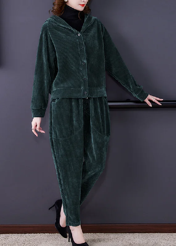 Women's Coats with Fur Trimmed PocketsLoose Green Button Hooded Corduroy Coats And Harem Pants Two Pieces Set Long Sleeve