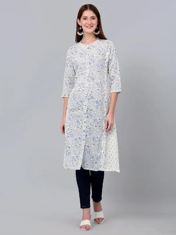 Women's Wool CoatsWomen's White Floral Printed Three Quarter Sleeves Kurti