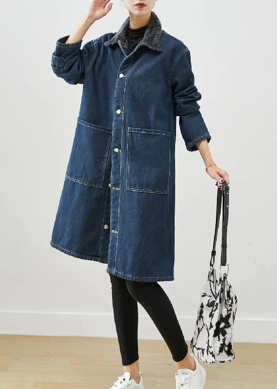 Women's Coats with Fur Trimmed PocketsModern Navy Peter Pan Collar Pockets Warm Fleece Denim Coats Winter