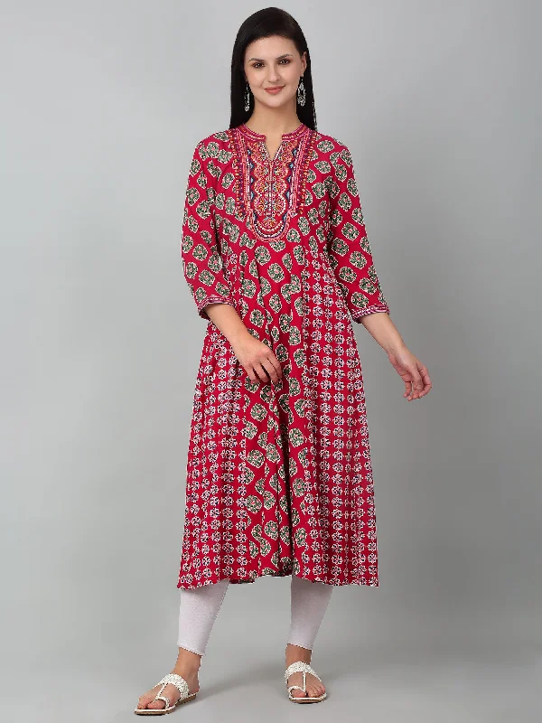 Women's Leather CoatsWomen Fuchsia Printed V Neck Long Kurti