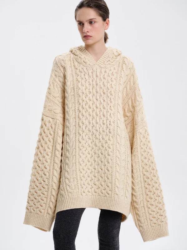 elegant top hatsBraided Knit Hoodie, Beige