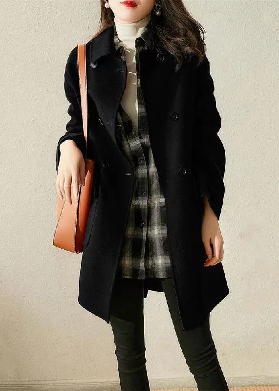 Women's Coats with Fur Trimmed ZipperNew Black Double Breast Pockets Patchwork Woolen Coat Fall