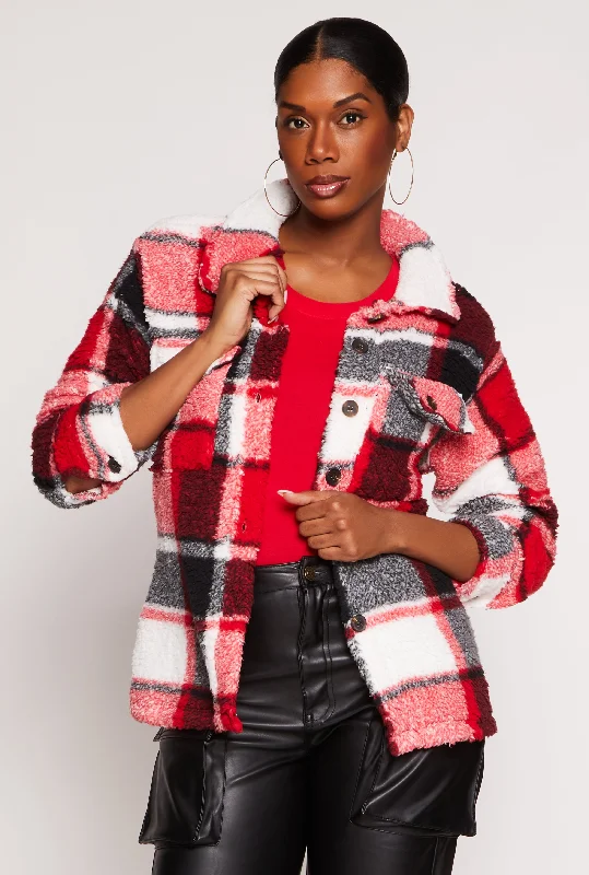 Women's Coats with Fur Trimmed BeltPlaid Sherpa Button Front Shacket