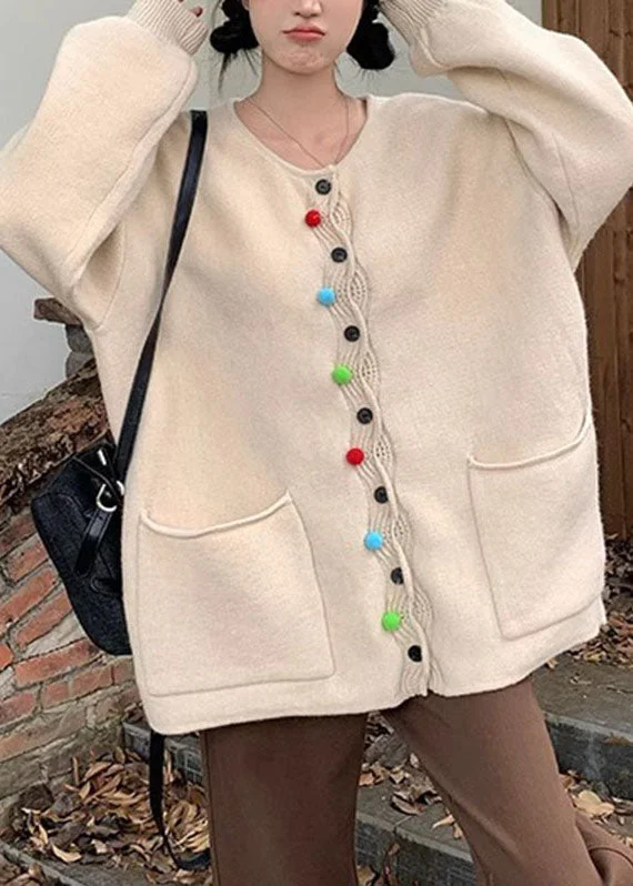 Women's Coats with PocketsModern Apricot O-Neck Pockets Button Cotton Knit Sweater Coats Fall