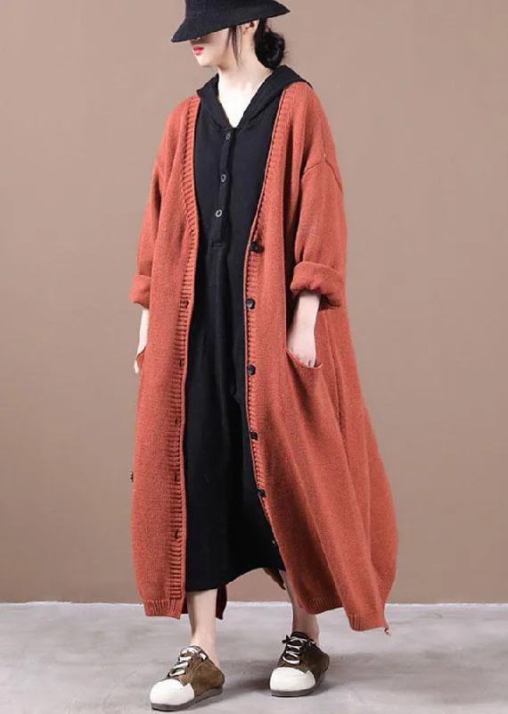 Women's Coats with Fur LiningLuxury Orange Red Pockets Fall Long Knit Coat