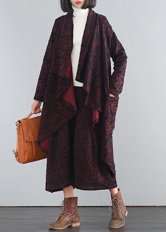 Women's Coats with Fur Trimmed ButtonsModern Mulberry V Neck Print Trench Coats And Crop Pants Two Piece Set Fall