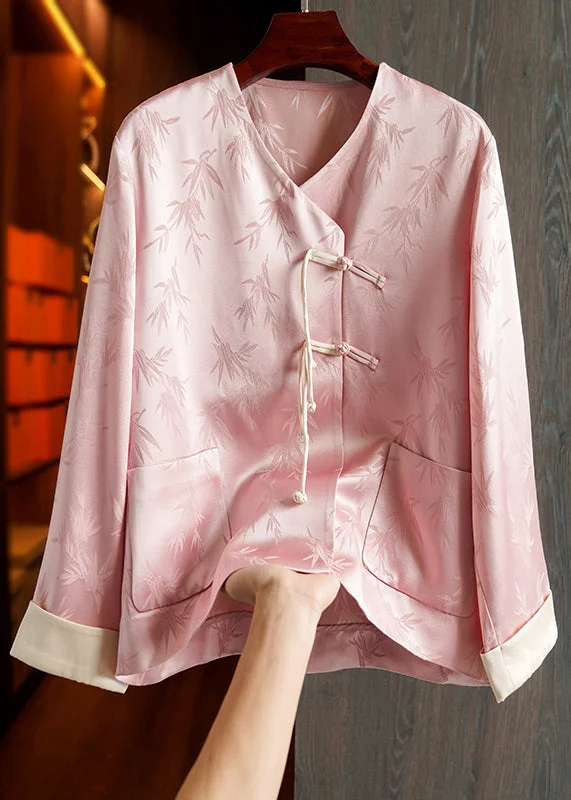 Women's Coats with Fur Trimmed SleevesLoose Pink Button Print Pockets Patchwork Silk Coats Fall