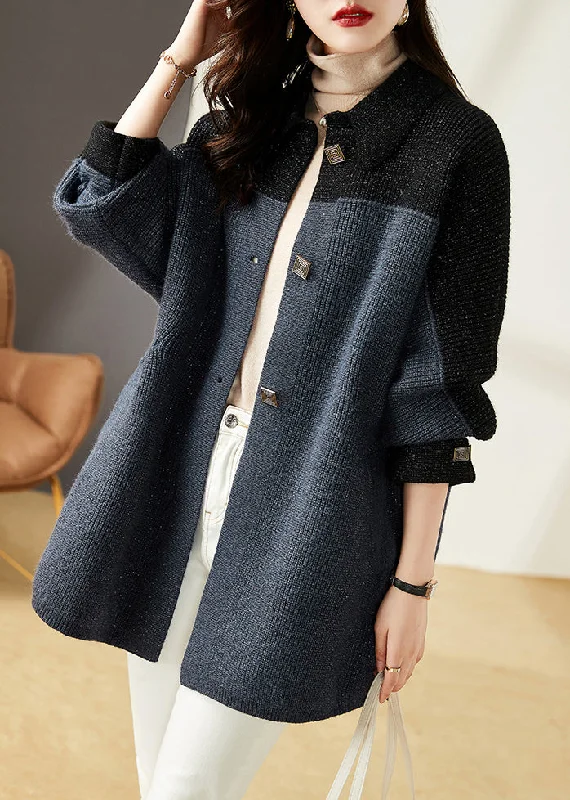 Women's Winter CoatsNew Grey Blue Button Pockets Patchwork Knit Coats Long Sleeve