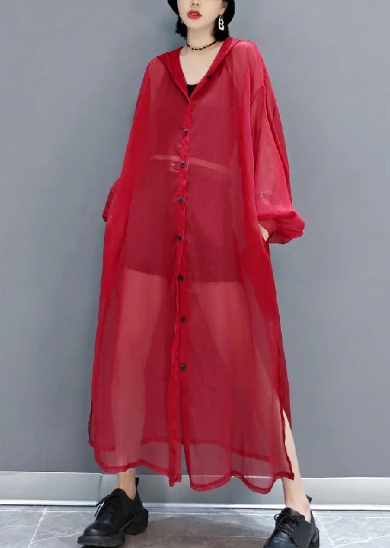 Women's Coats with Fur Trimmed ZipperLoose Red Hooded Button Pockets Tulle UPF 50+ Coat Long Sleeve