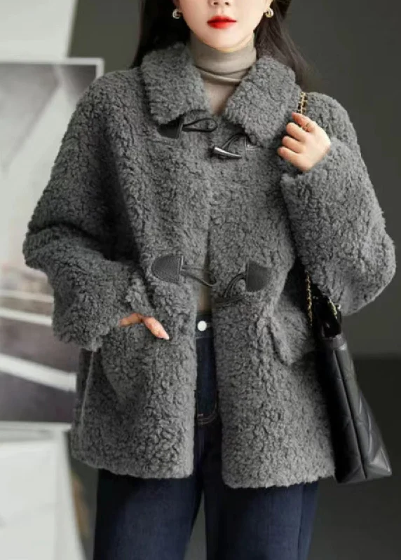 Women's Blazer CoatsModern Grey Peter Pan Collar Pockets Patchwork Wool Coats Winter