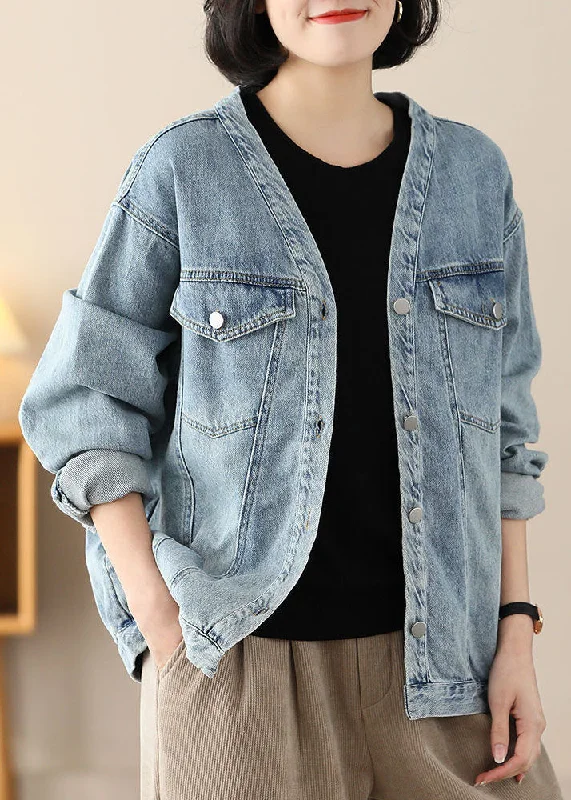 Women's Coats with Fur Trimmed CollarModern Light Blue V Neck Oversized Cotton Denim Coats Spring