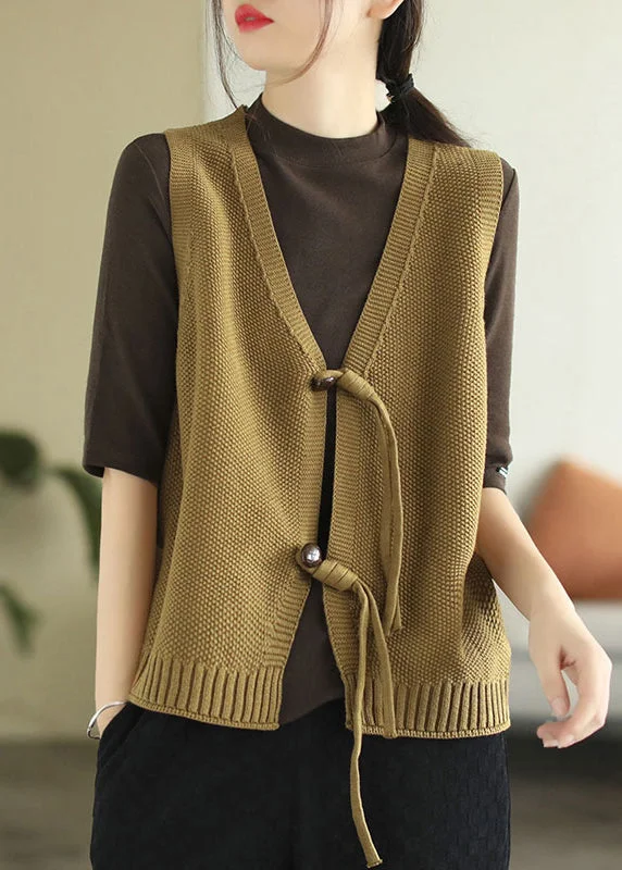 Women's Coats with Fur Trimmed CollarLoose Dark Khaki V Neck Button Knit Waistcoat Sleeveless