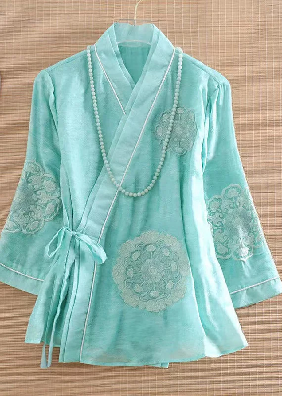 Women's Bomber CoatsNovelty Green V Neck Embroideried Floral Tie Waist Silk Coats Spring