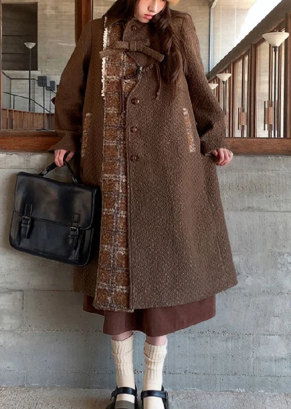 Women's Wool CoatsNew Brown Peter Pan Collar Pockets Patchwork Woolen Coat Winter