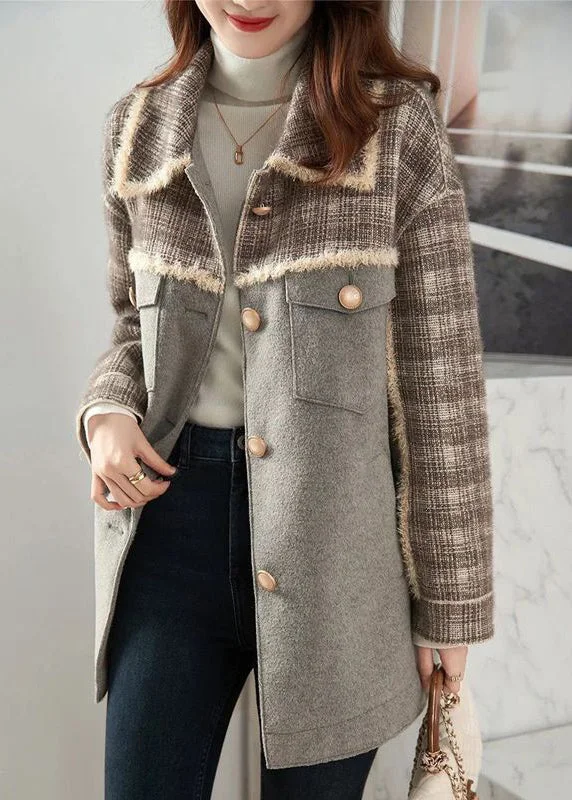 Women's Coats with Fur Trimmed ZipperLoose Grey Peter Pan Collar Button Pockets Woolen Coat Winter