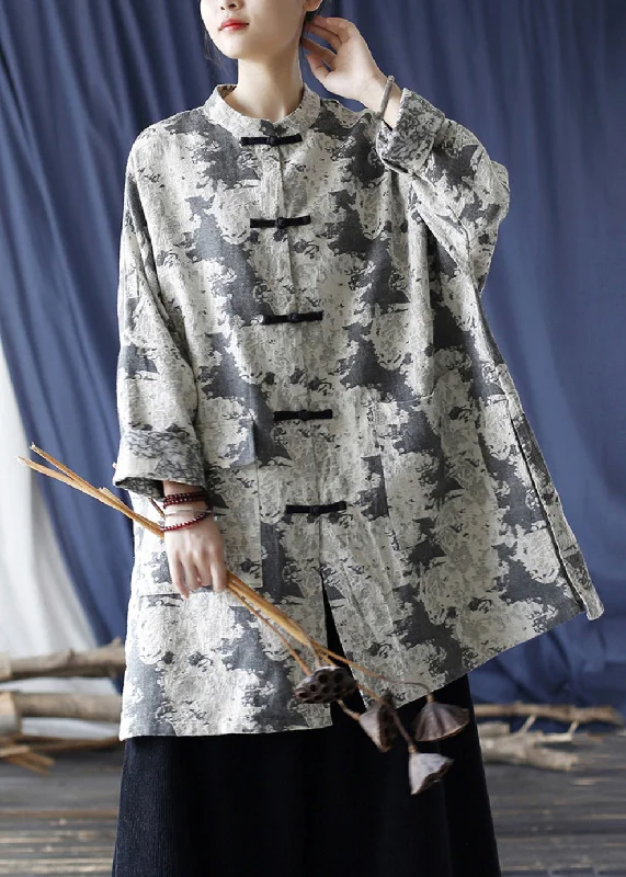 Stylish Women's CoatsLoose Grey Button Print Pockets Cotton Coats Long Sleeve