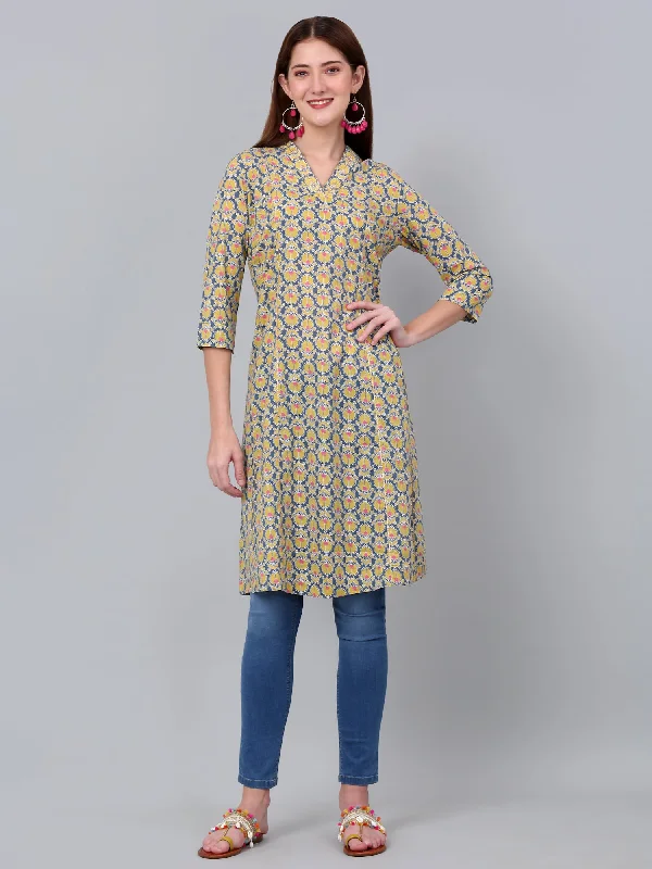 Women's Anorak CoatsWomen's Mustard Floral Printed Three Quarter Sleeves Kurti