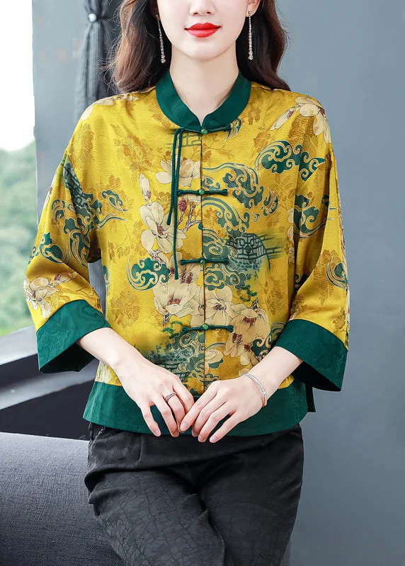 Women's Parka CoatsNatural Green Print Button Cozy Silk Coats Spring