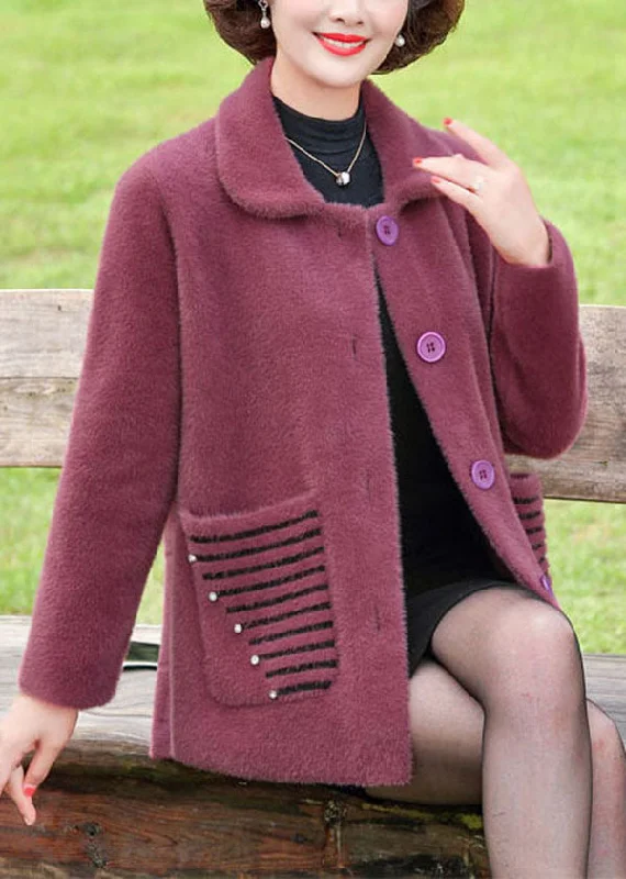 Women's Zip-Up CoatsPlus Size Purple Peter Pan Collar Striped Pockets Mink Hair Knitted Coat Winter