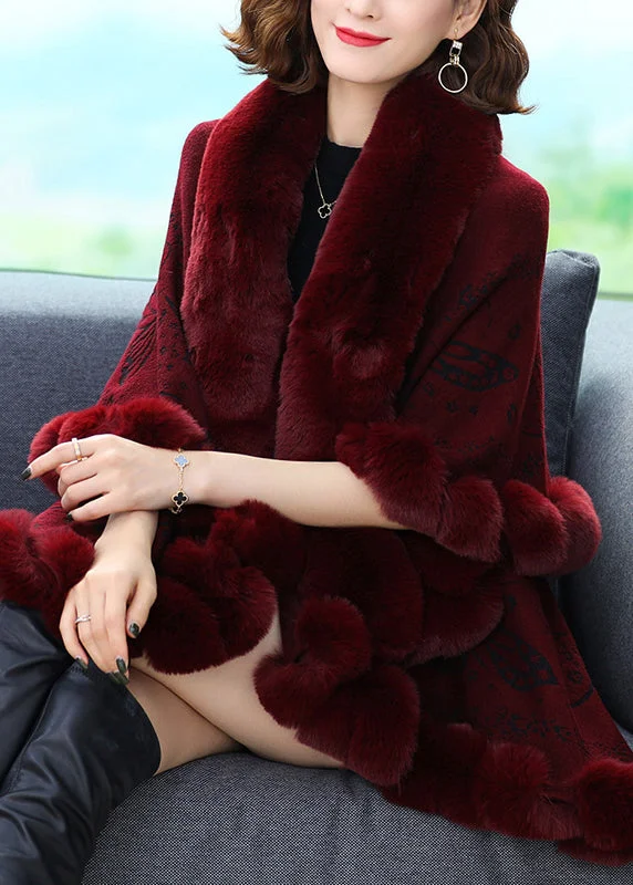 Women's Coats with Fur Trimmed BeltPlus Size Wine Red Fur Collar Print Patchwork Woolen Coat Fall