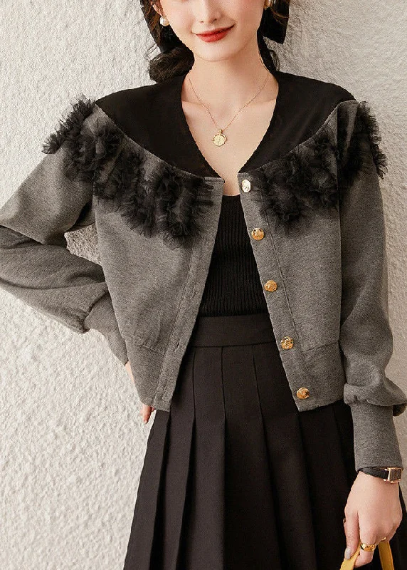 Women's Coats with Fur Trimmed ButtonsNew Grey Button Tulle Patchwork Cotton Coat Spring