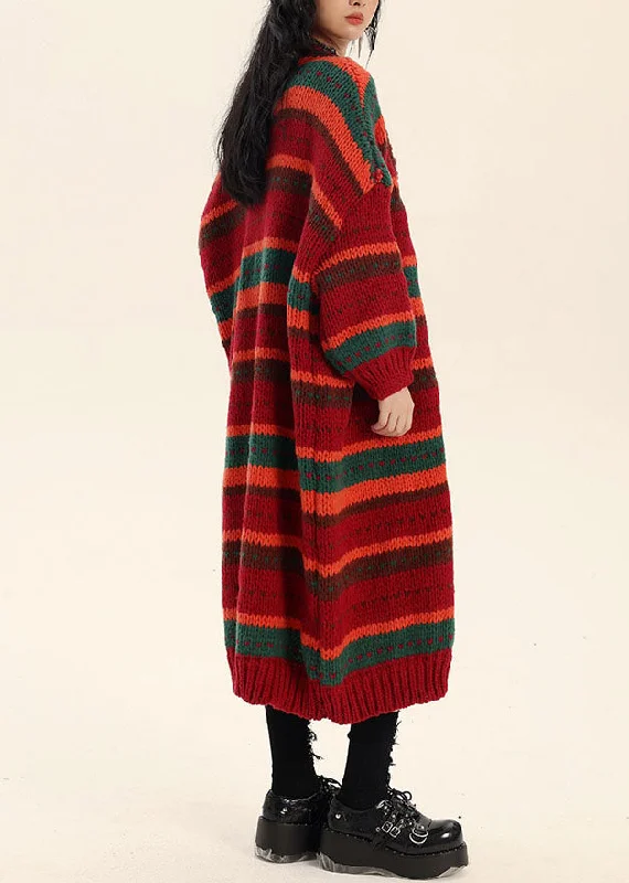 Women's Coats with Fur Trimmed CollarLoose Red V Neck Striped Button Cotton Knit Waistcoat Fall