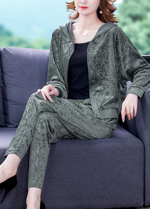 Women's Coats with Fur Trimmed SleevesLoose Grey Print Silk Velour Coats And Harem Pants Two Pieces Set Fall