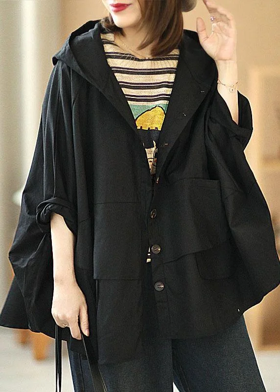 Women's Coats with Fur Trimmed PocketsModern Black Loose Button Pockets Fall Hoodie Coat