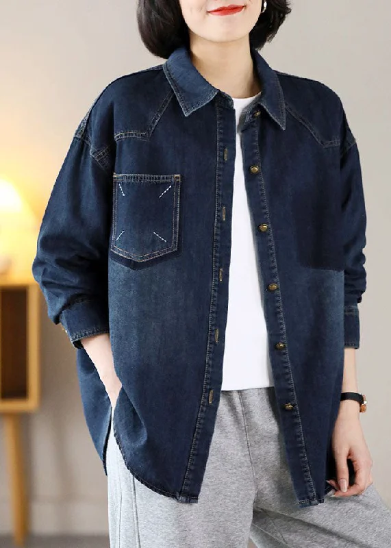 Women's Coats with Fur Trimmed ButtonsModern Navy Oversized Embroideried Warm Fleece Denim Jackets Spring